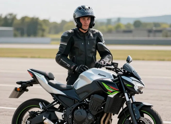 Instructeur et élève souriants à côté d'une moto moderne avec équipement de sécurité complet sur une piste d'entraînement.