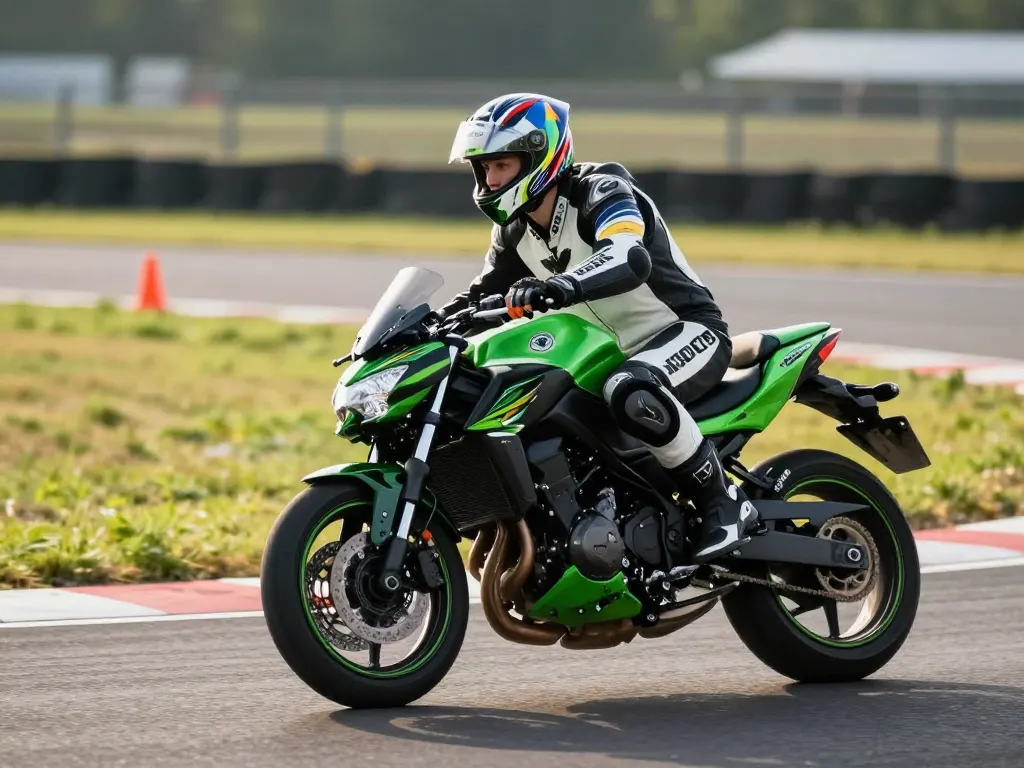 Élève en formation de conduite sur une moto Kawasaki Z650 sur la piste privée sécurisée de Dardilly.