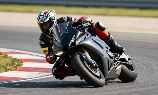 Pilote de moto concentré penchant sa machine dans un virage serré sur un circuit d'entraînement.