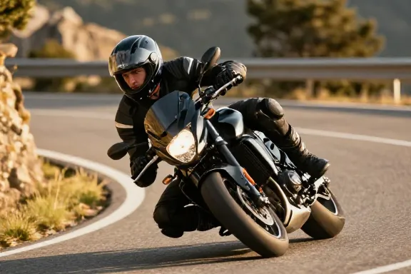 Motard en plein virage sur une route sinueuse de montagne suivant une trajectoire de sécurité optimale.