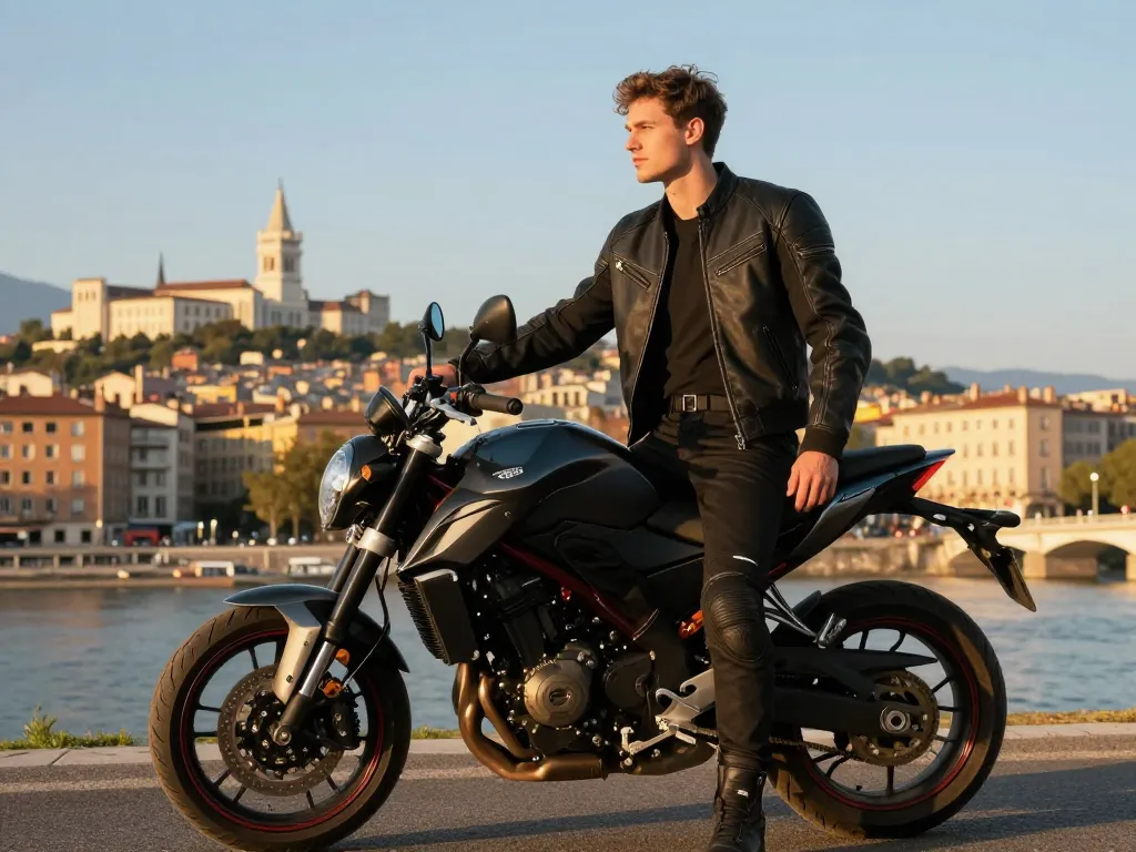 Jeune motard sur une moto 125 cm3 stationnée sur les berges du Rhône avec vue sur le panorama de Lyon.