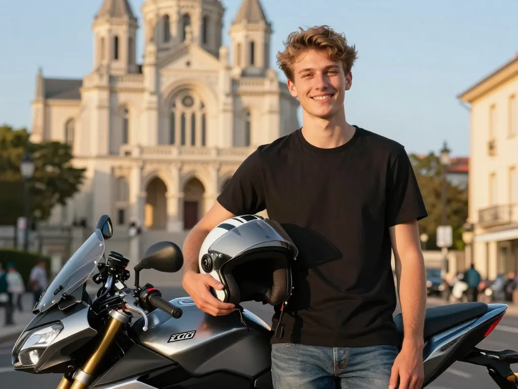 Jeune homme souriant tenant son casque devant sa moto à Lyon pour illustrer le financement du permis à un euro par jour.