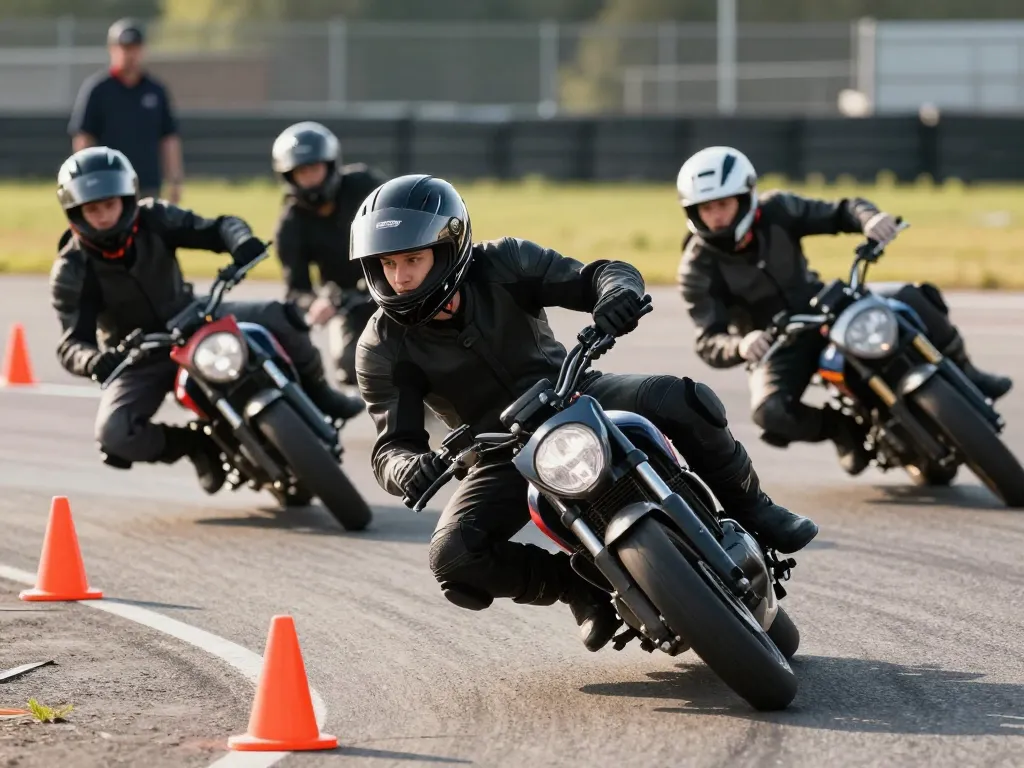 Apprentissage du permis moto accéléré avec un exercice de slalom et de freinage sur piste à Lyon.