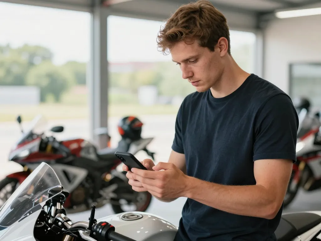 Jeune homme consultant son solde CPF sur smartphone à côté d'une moto pour financer sa formation accélérée.