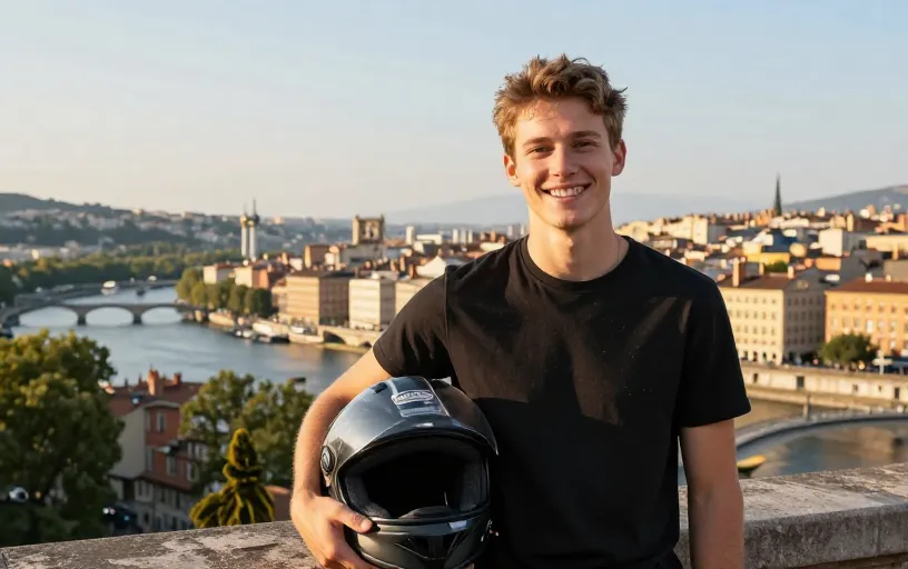 Jeune homme souriant avec son casque de moto devant une vue panoramique de la Presqu'île et du Rhône à Lyon.