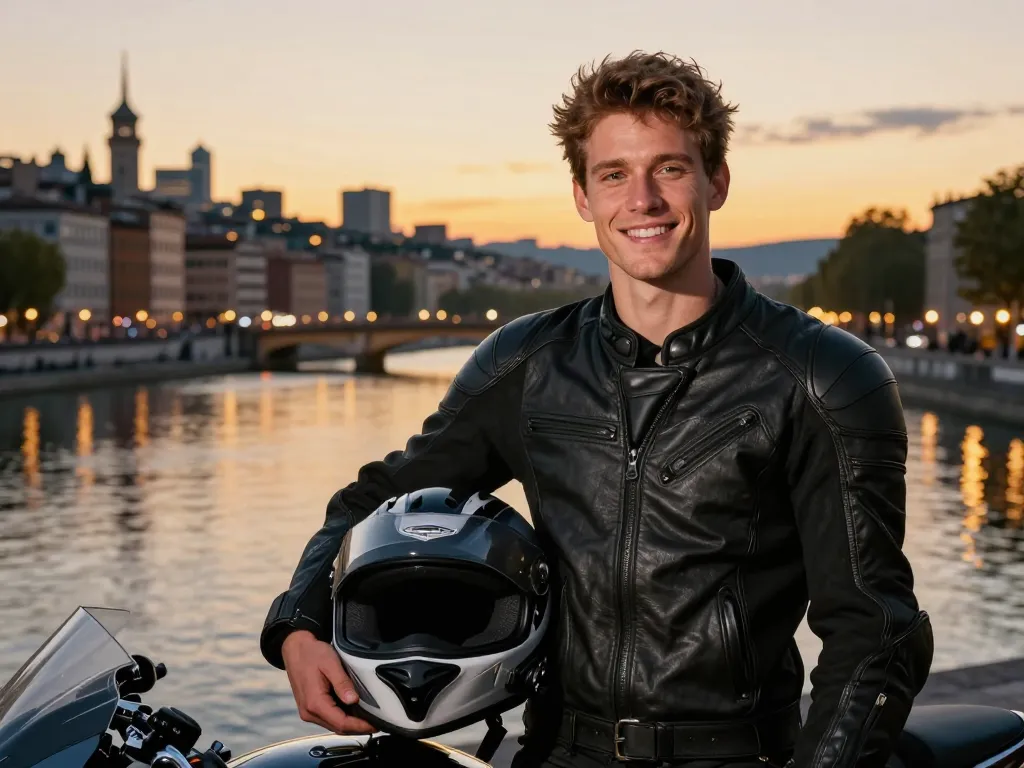 Jeune homme souriant tenant un casque de moto devant le panorama des quais du Rhône à Lyon au crépuscule.