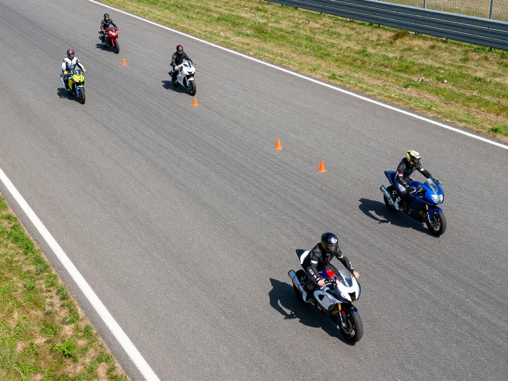 Vue aérienne d'une piste d'entraînement moto privée montrant des motards en formation slalomant entre des plots.