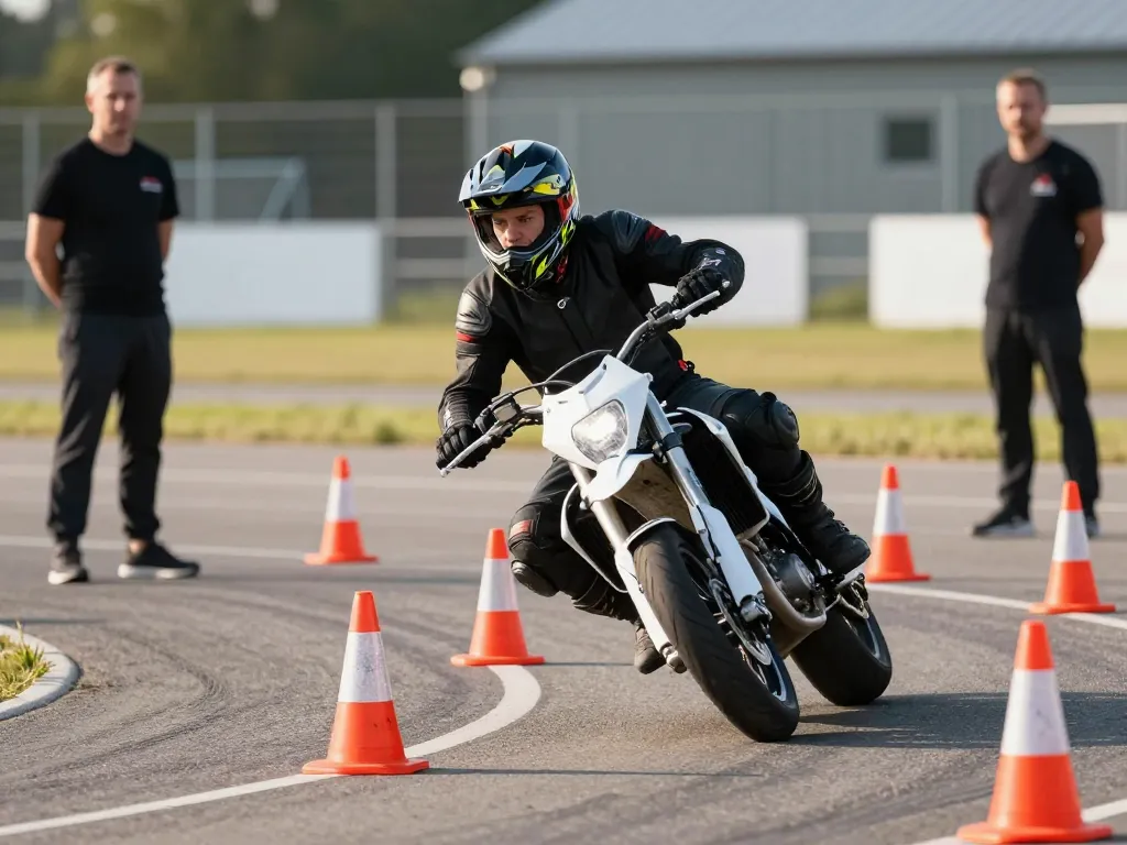 Élève en formation moto effectuant un exercice de slalom sur le plateau technique de Dardilly.