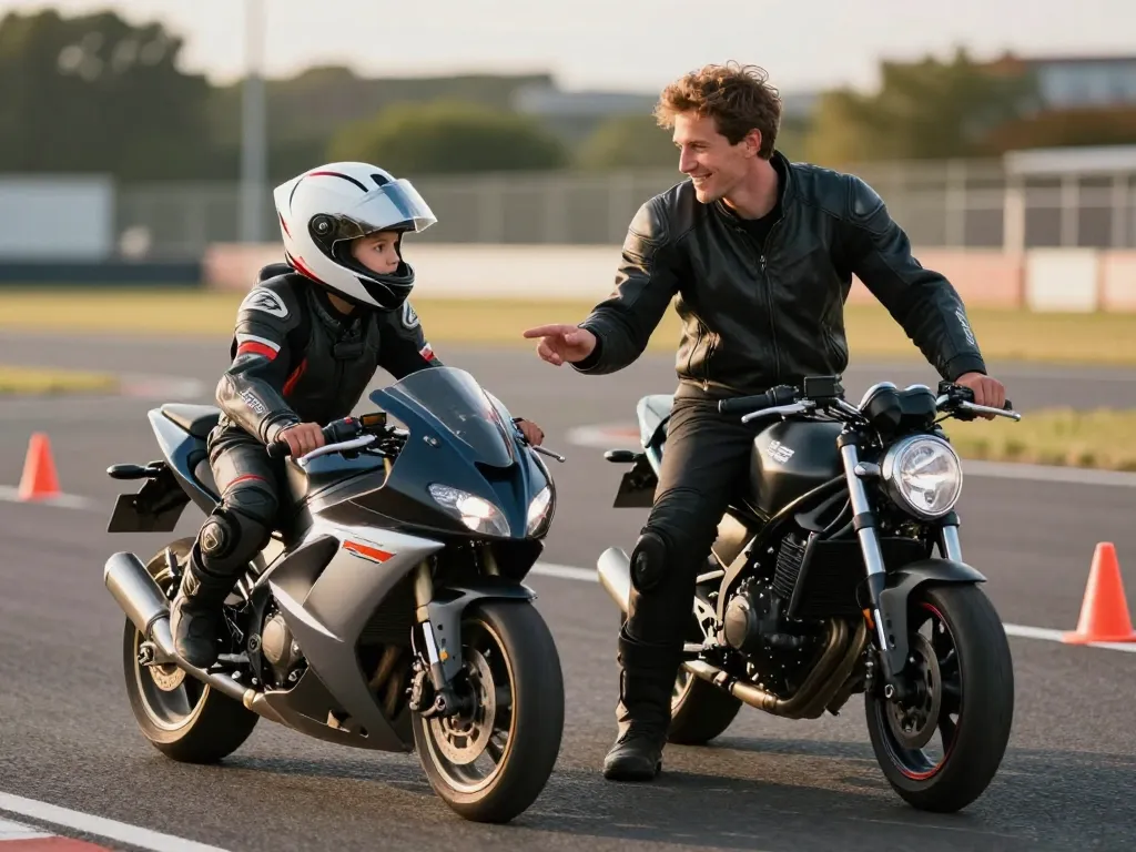 Un moniteur de moto-école explique les exercices sur une piste privée à Lyon à un élève en formation permis A2.