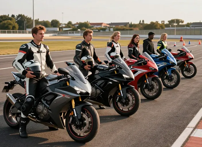 Élèves et motos récentes sur la piste privée de 15 000m² pour la formation au permis moto à Lyon.
