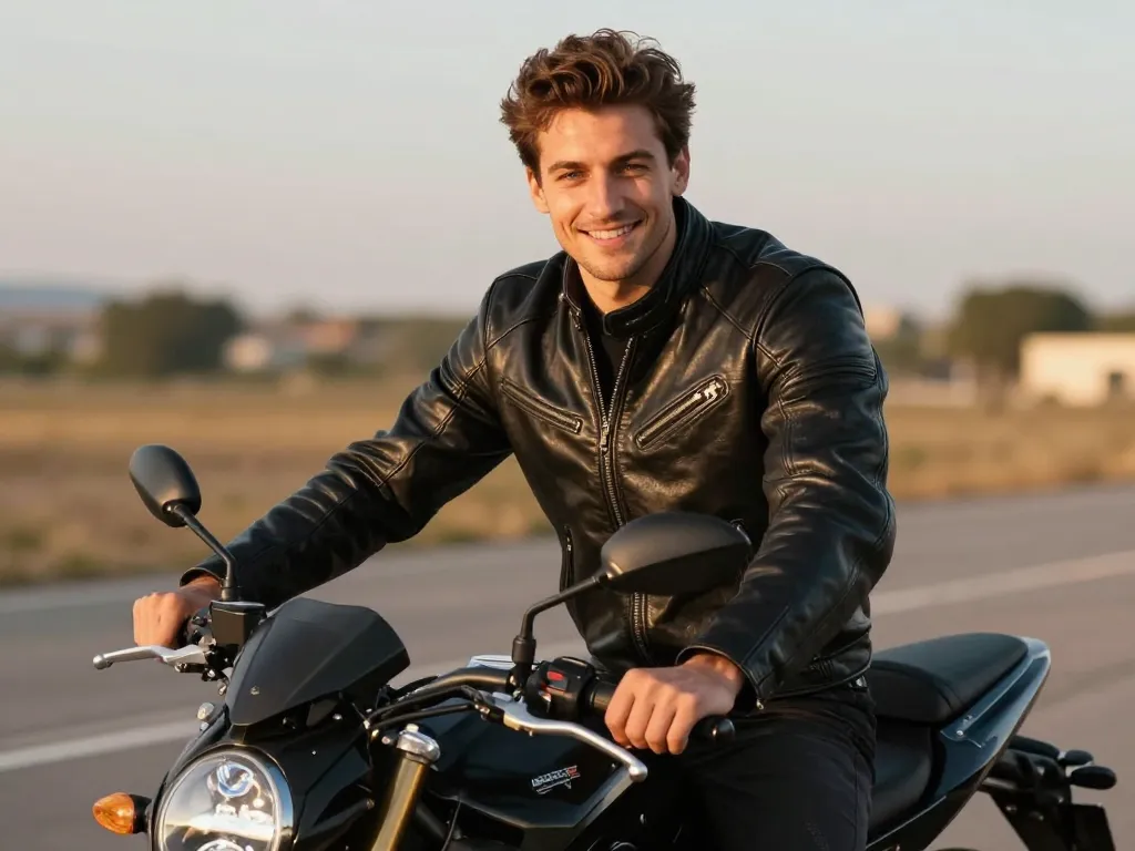 Portrait de Karim souriant sur sa grosse cylindrée après avoir obtenu sa passerelle vers le permis A.