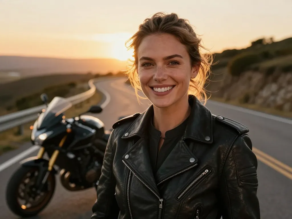 Portrait souriant de Marine, une motarde épanouie posant avec son équipement devant sa moto après l'obtention de son permis A.