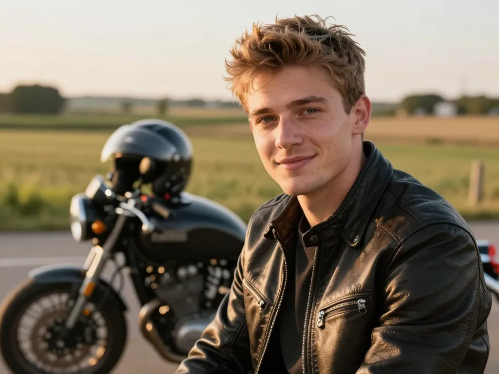 Portrait souriant de Thomas, un motard ayant réussi sa passerelle A2 vers A, posant devant sa moto sur une route de campagne.