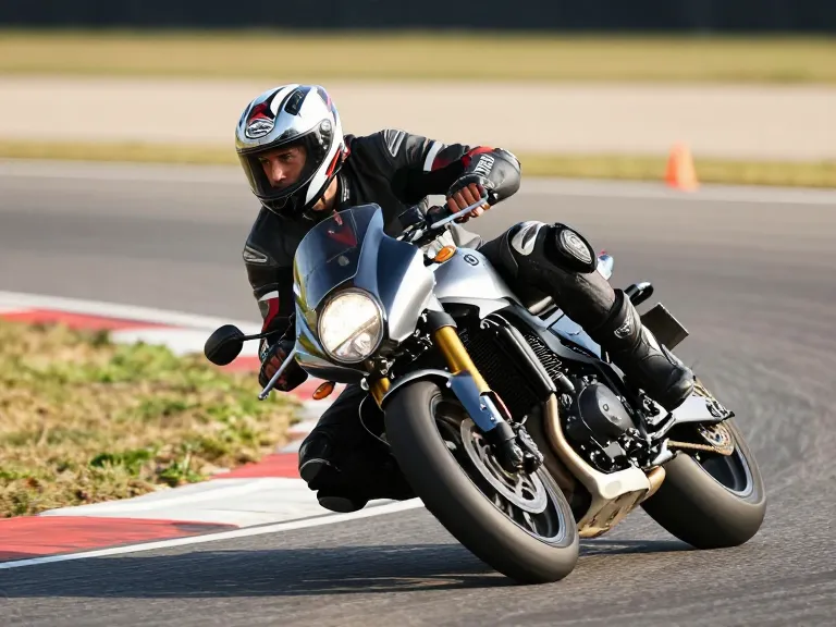 Posture optimale du buste et position du corps d'un motard en plein virage sur un plateau d'entraînement.