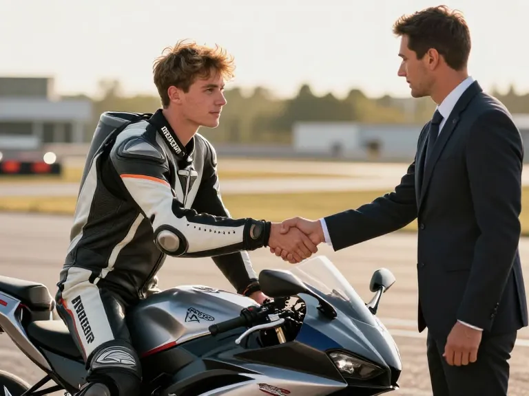 Candidat et instructrice de moto-école se serrant la main devant une moto après la réussite des examens finaux.