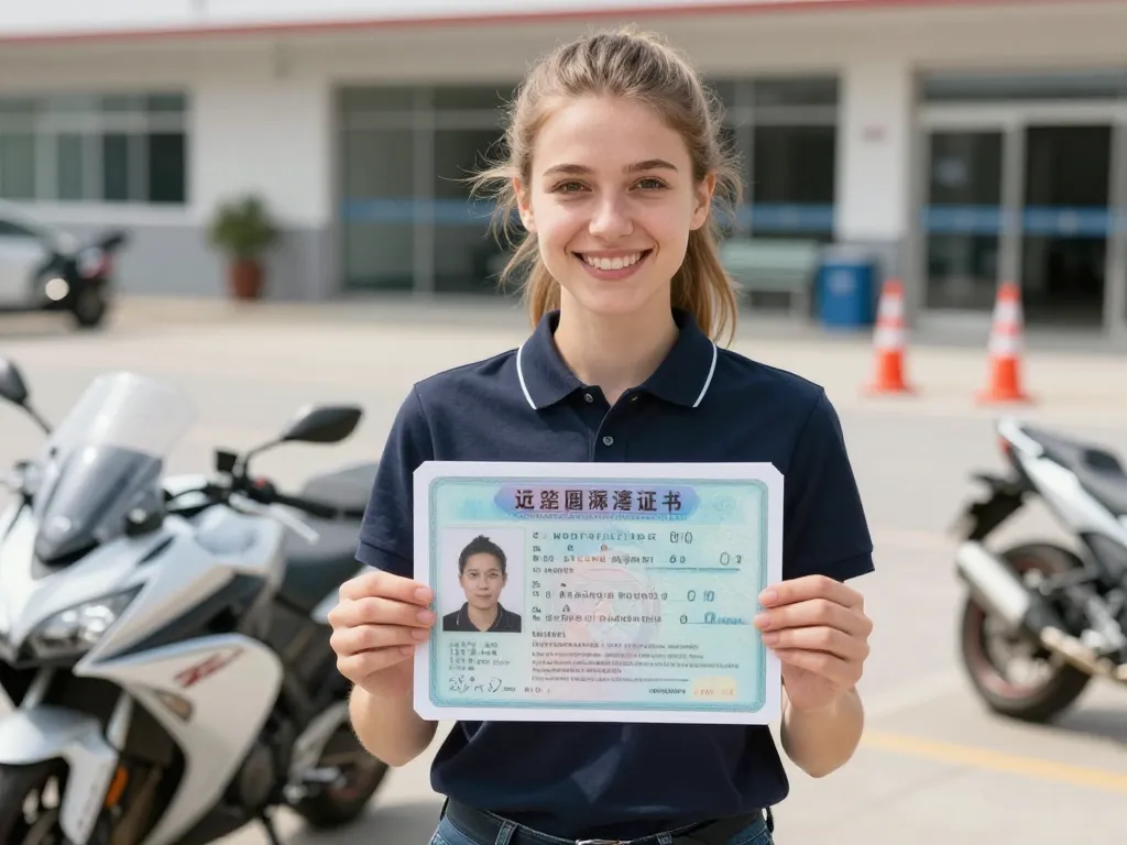 Une candidate rayonnante de bonheur brandit son certificat de réussite à l'examen du permis moto sur un circuit d'entraînement.