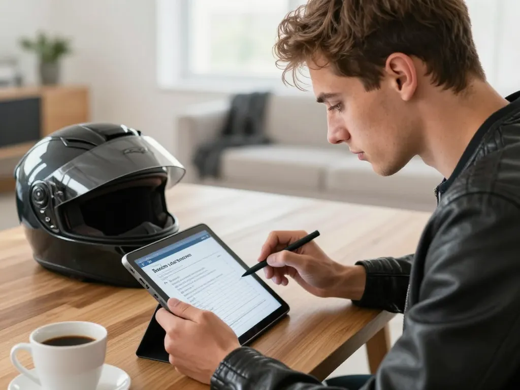 Jeune homme concentré révisant l'examen théorique du code moto ETM sur une tablette avec son casque à proximité.