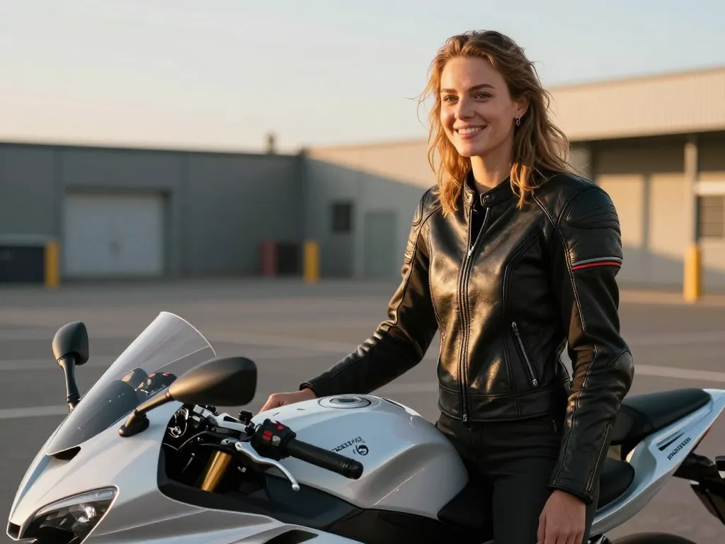 Jeune femme souriante posant fièrement avec sa moto après avoir obtenu son permis de conduire à Lyon.