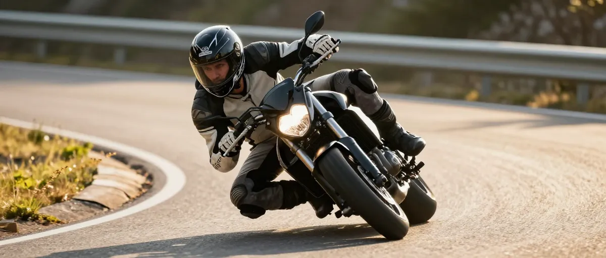 Motard expérimenté effectuant un virage technique sur une route de montagne sinueuse avec une inclinaison précise.