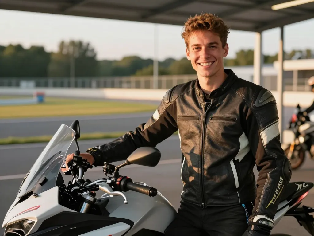 Portrait de Thomas, un jeune motard souriant à côté de sa moto après avoir obtenu son permis en formule accélérée à Lyon.