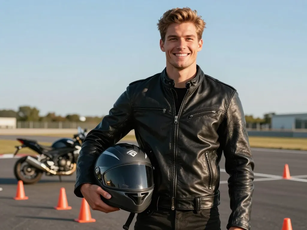 Jeune homme souriant tenant son casque de protection sur un plateau de conduite après l'obtention de son permis de conduire.