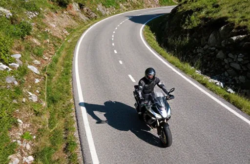 Vue aérienne d'un motard suivant la trajectoire idéale dans un virage sur une route sinueuse de montagne.