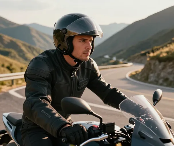 Motard en pleine concentration pilotant sa moto sur une route de montagne sinueuse devant un paysage panoramique spectaculaire.