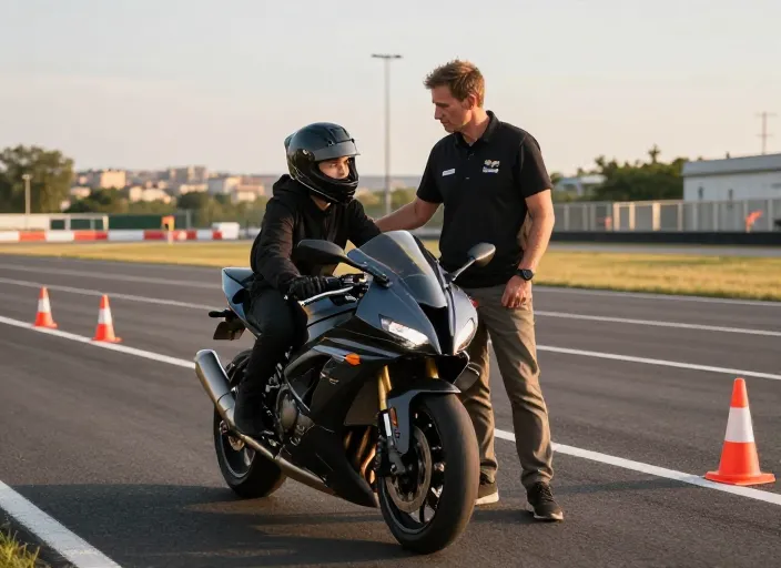 Une voiture d'auto-école et un moniteur sur un plateau d'entraînement privé sécurisé dans la région de Lyon.