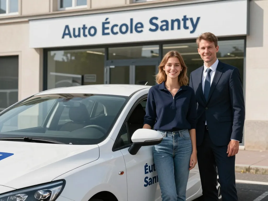 Voiture d'auto-école garée devant l'agence Santy à Lyon 8 avec un élève et son moniteur célébrant la réussite au permis.