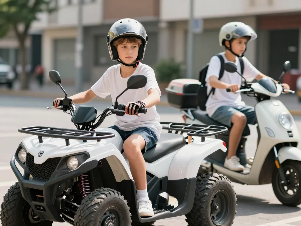 Jeune conducteur en voiture sans permis et adolescent à scooter 50cc circulant en ville avec leurs équipements de protection.