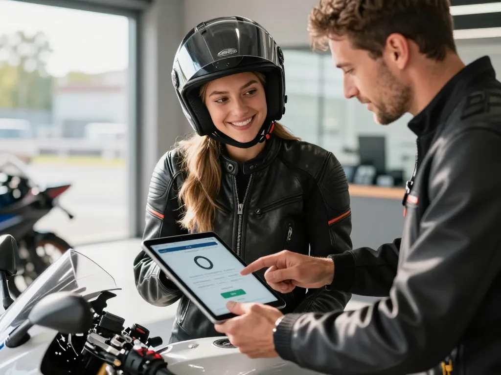 Jeune femme et moniteur de moto-école consultant une tablette pour un financement CPF à Lyon.