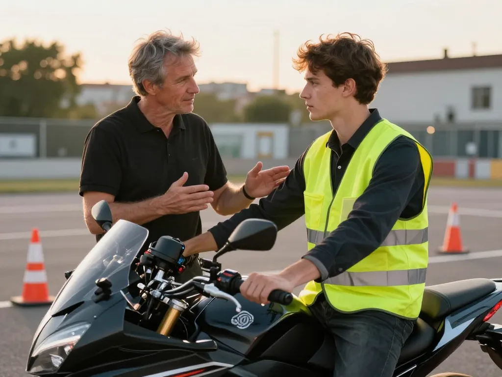 Moniteur de moto-école expliquant les techniques de conduite à un élève sur un plateau d'entraînement à Lyon.