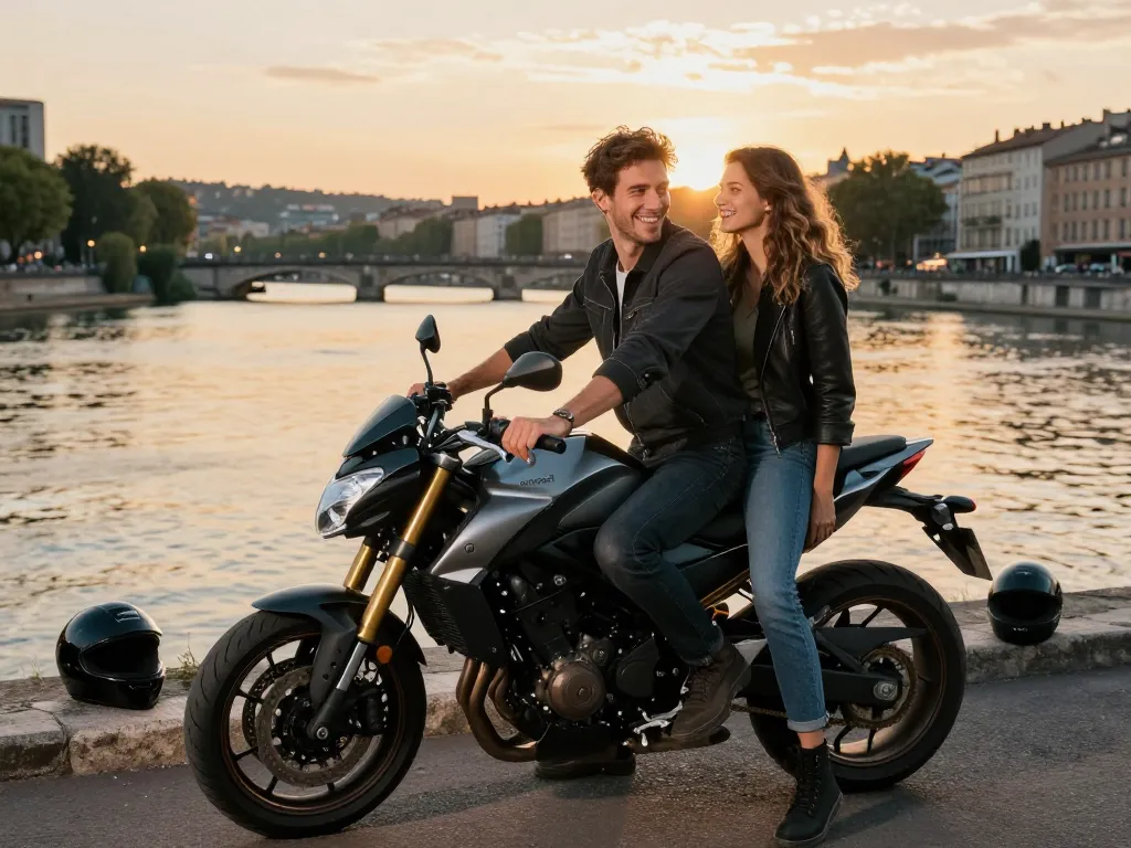 Un jeune couple souriant près d'une moto sur les quais du Rhône à Lyon au moment du coucher du soleil.
